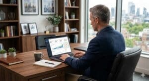 Canadian business owner reviewing local SEO performance and online search visibility metrics on a laptop
