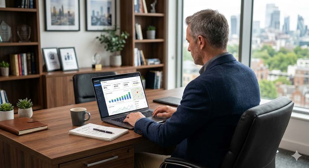 Canadian business owner reviewing local SEO performance and online search visibility metrics on a laptop
